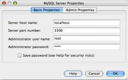 Диалоговое окно "Свойства сервера MySQL": базовые свойства